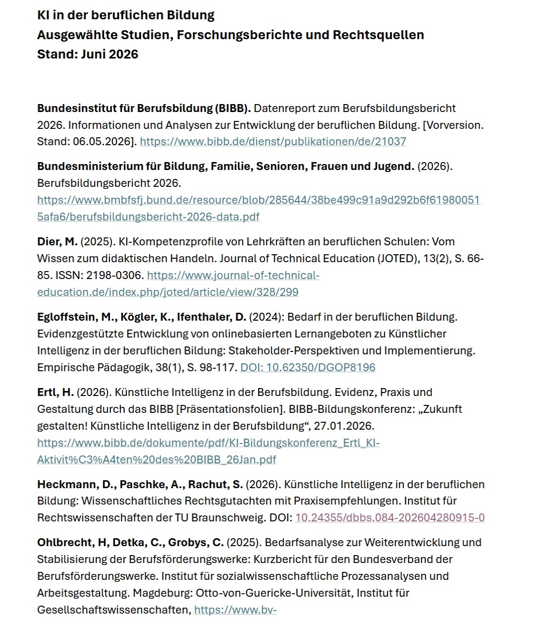 Erste Seite des Literaturverzeichnisses „KI in der beruflichen Bildung – Ausgewählte Studien, Forschungsberichte und Rechtsquellen, Stand: Juni 2026“ mit Quellen u. a. vom Bundesinstitut für Berufsbildung (BIBB), dem Berufsbildungsbericht 2026 sowie Studien von Dier, Egloffstein, Kögler und Ifenthaler, Ertl und Heckmann, Paschke und Rachut.