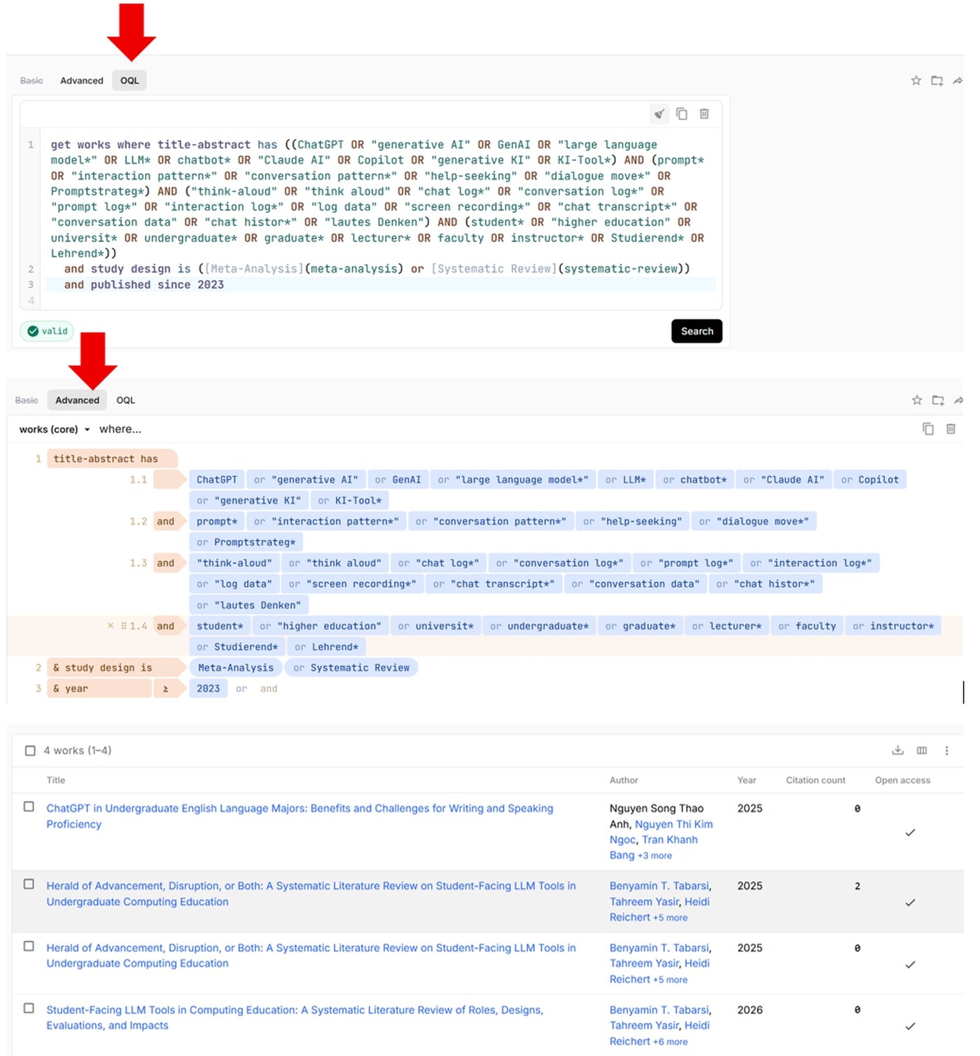 Zwei Ansichten derselben Suche auf openalex.org mit roten Pfeilen auf die Reiter: oben die OQL-Ansicht mit einem langen Suchstring zu KI-Tools, Prompts und Studierenden, eingeschränkt auf Meta-Analysen und Systematic Reviews seit 2023 und als gültig markiert; in der Mitte dieselbe Abfrage in der Advanced-Ansicht als anklickbarer Filterbaum; unten die Trefferliste mit vier Arbeiten.